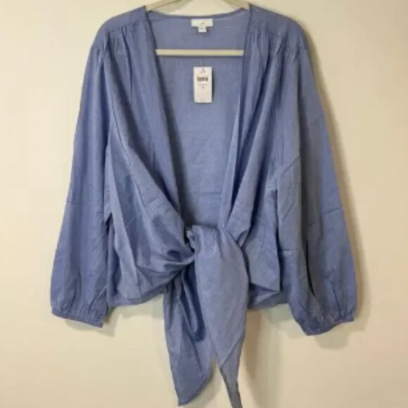 J. Jill Women's Voile Tie-Front Topper Waterfall Cotton Blouse Top Blue NEW 3X - Picture 1 of 6